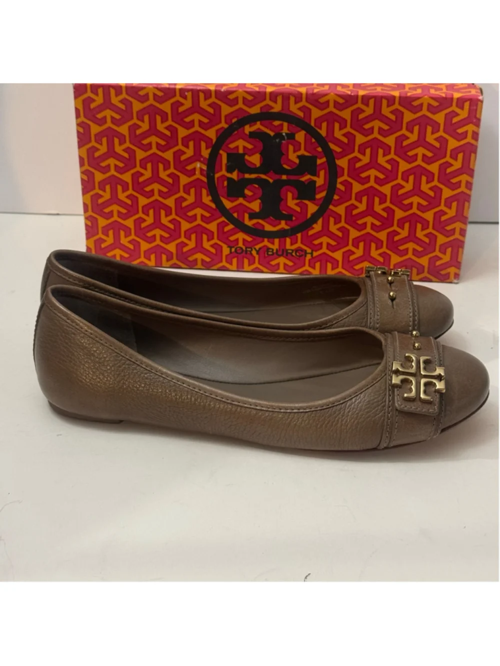 Tory Burch Reva Metallic Taupe Leather Logo Ballet Flats Gold Hardware 9.5M
